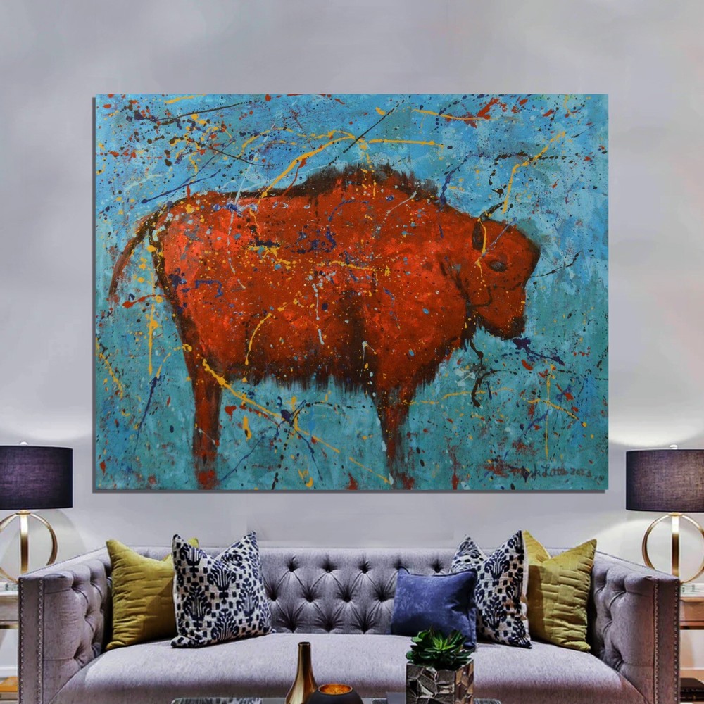 Jackson Pollock style￼ Southwest￼ Painting 81” X 62”(6ft 9in)Abstract Buffalo￼-image