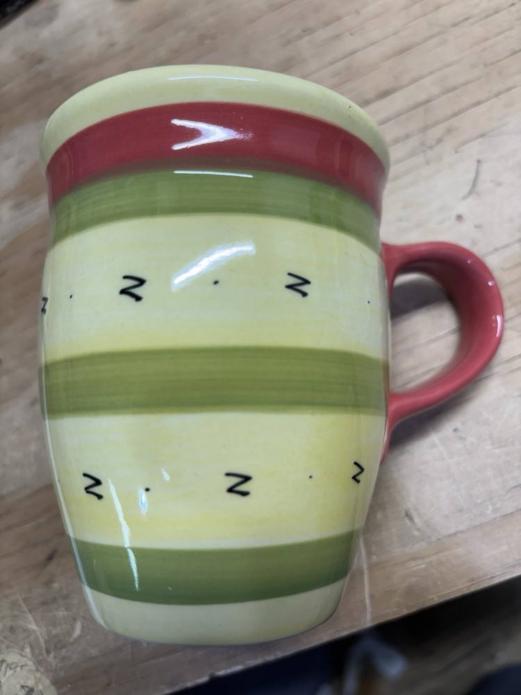 Pfaltzgraff Pistoulet 14oz Striped Mug with Red Handle in Yellow and Green by Jana Kolpen
