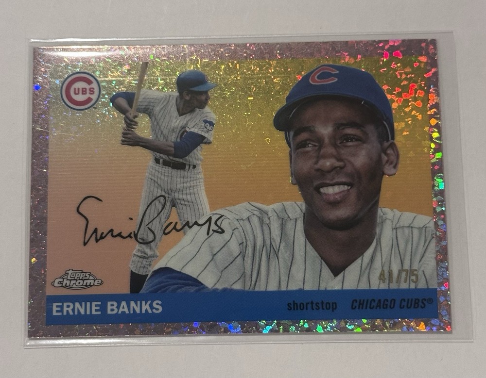 2025 Topps Chrome Platinum Ernie Banks Rose Gold Speckle /75 Chicago Cubs