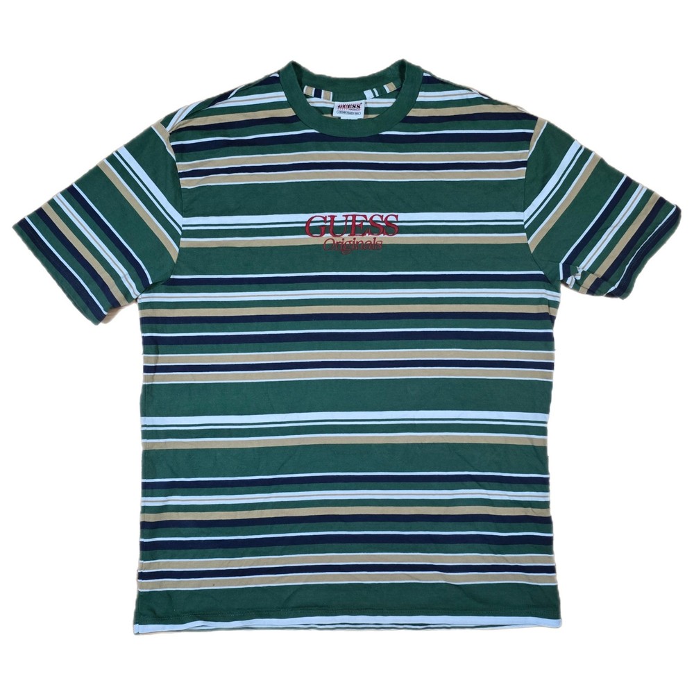 Vtg Guess Green Striped Short Sleeve Embroidered T-shirt Men's Size Small EUC