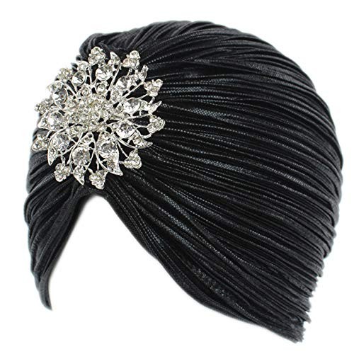 Vintage Turban Hat with Crystal Brooch Feather Turban Headwraps for 1920s Gat...