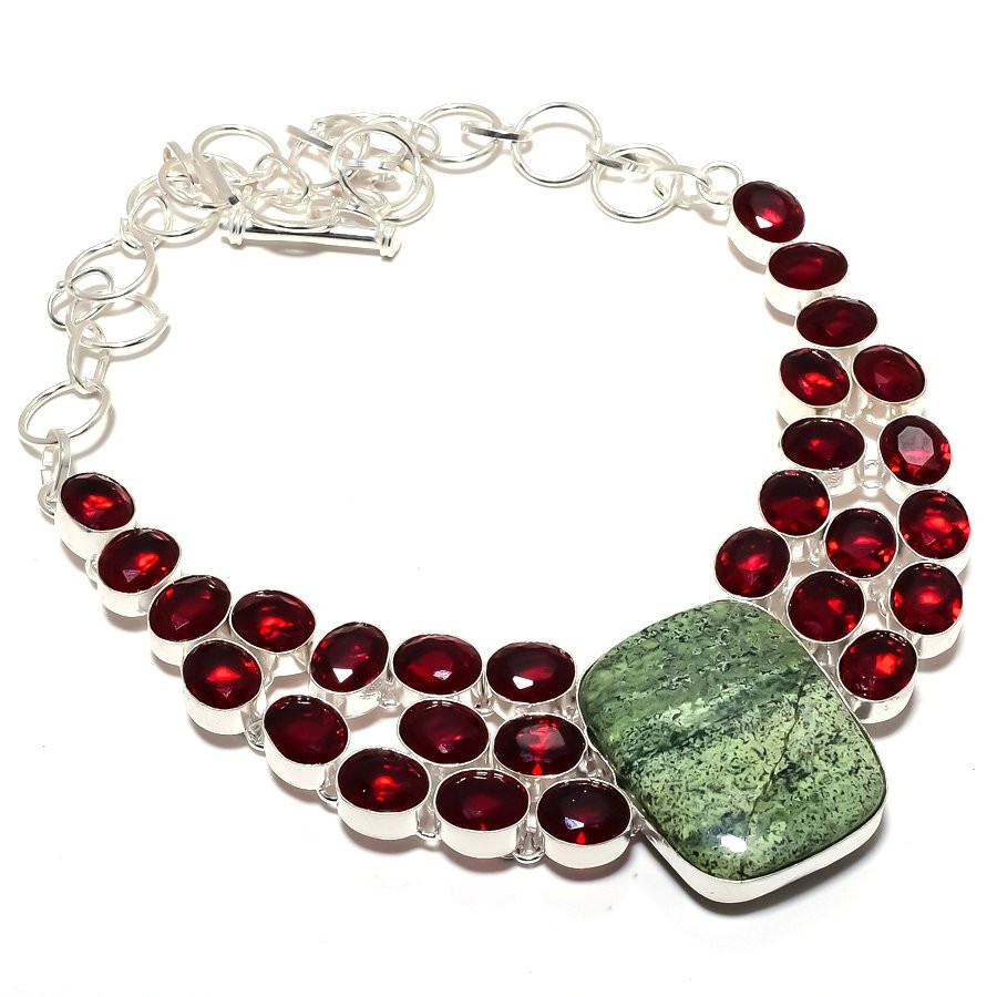 Banded Green Opal, Garnet Gemstone 925 Sterling Silver Jewelry Necklace 18