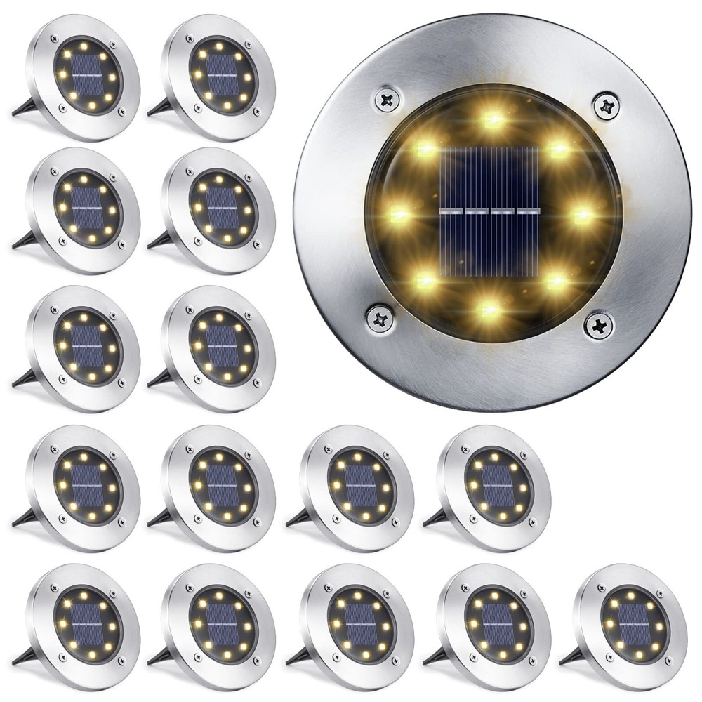 16 Pack Solar Ground Lights - 8 LED Waterproof Garden Disks for Outdoor