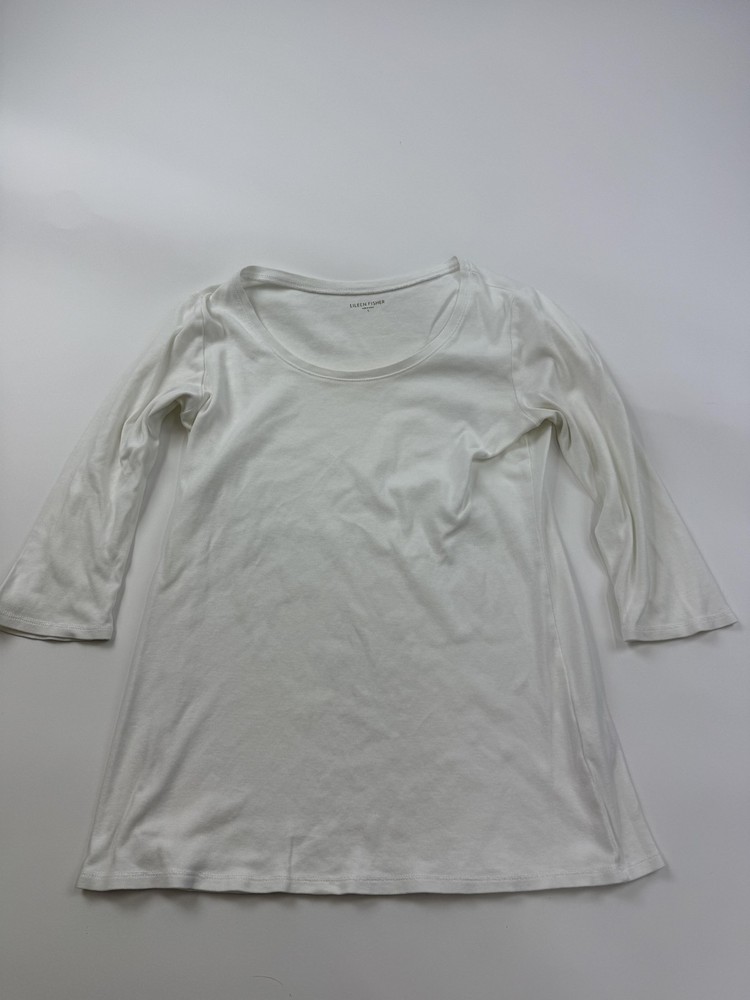 Eileen Fisher Shirt Womens S White Scoop Neck 3/4 Sleeve Organic Cotton Top