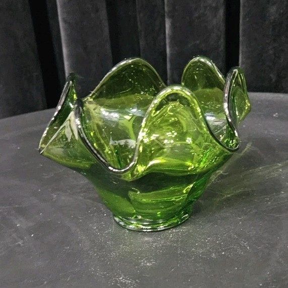 Vintage green hand blown art glass decorative bowl with abstract wavy edge-image
