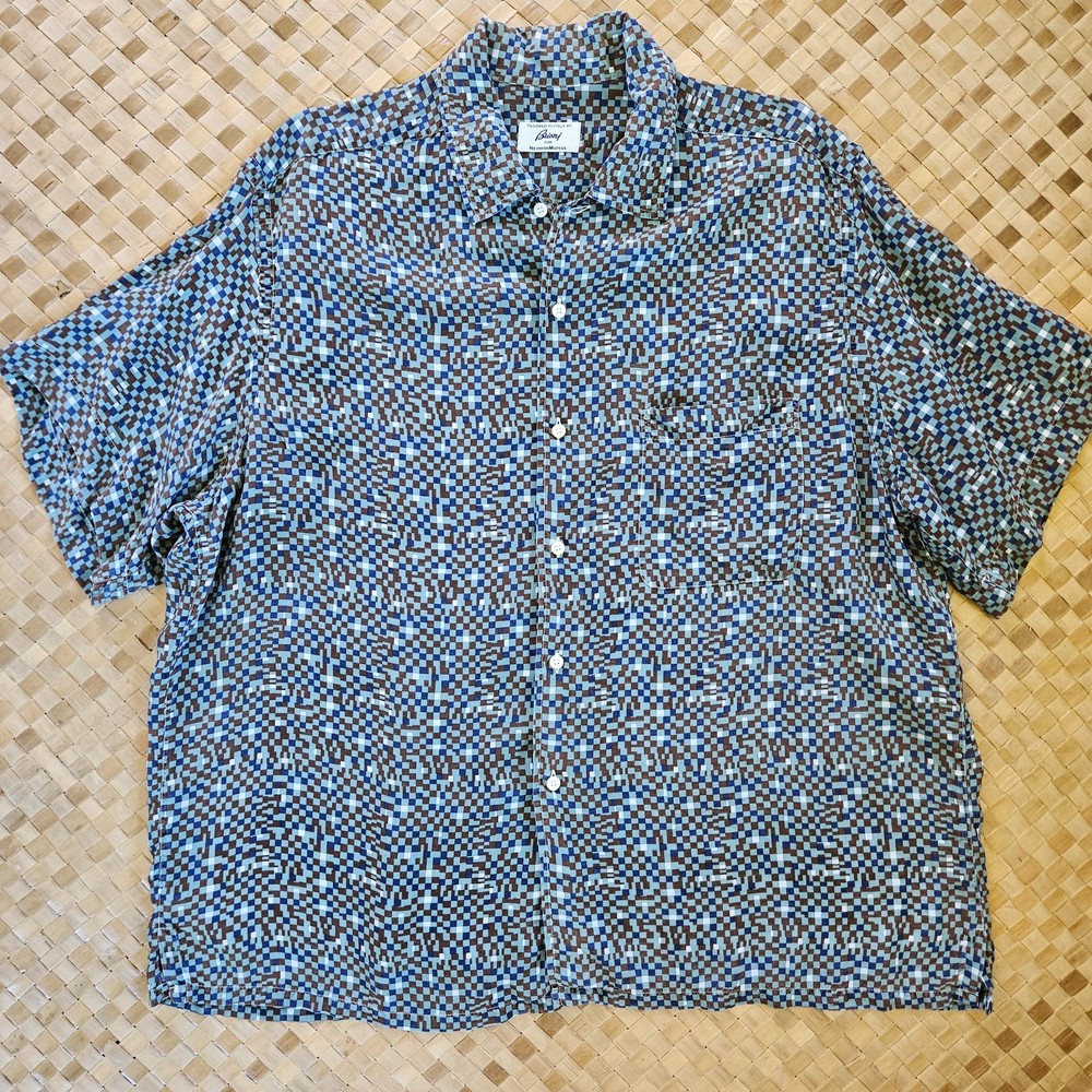 Brioni Neiman Marcus Hawaiian Shirt Men XL Rayon Blue Geometric Print Italy