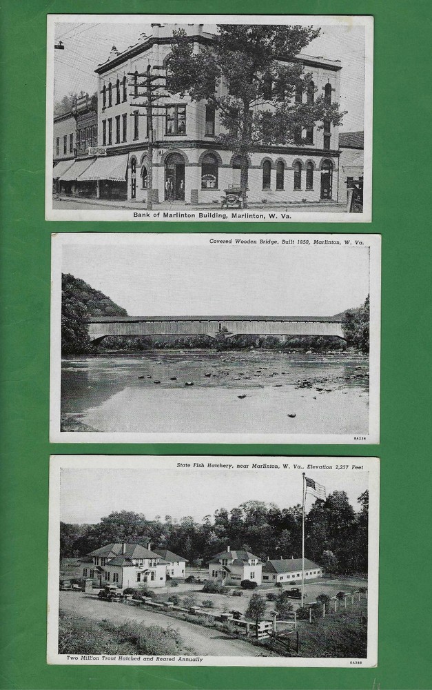 3 Marlinton, WV pc, Bank , Drugs, Kleine Dept Store, Covered Bridge 1852, Fish H