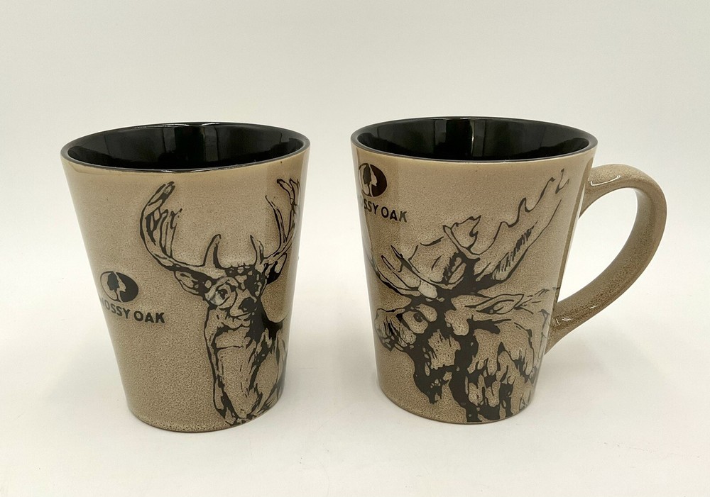 Mossy Oak Coffee Mug Moose & Buck Set of 2 Brown Tan Stoneware Outdoor Cabin