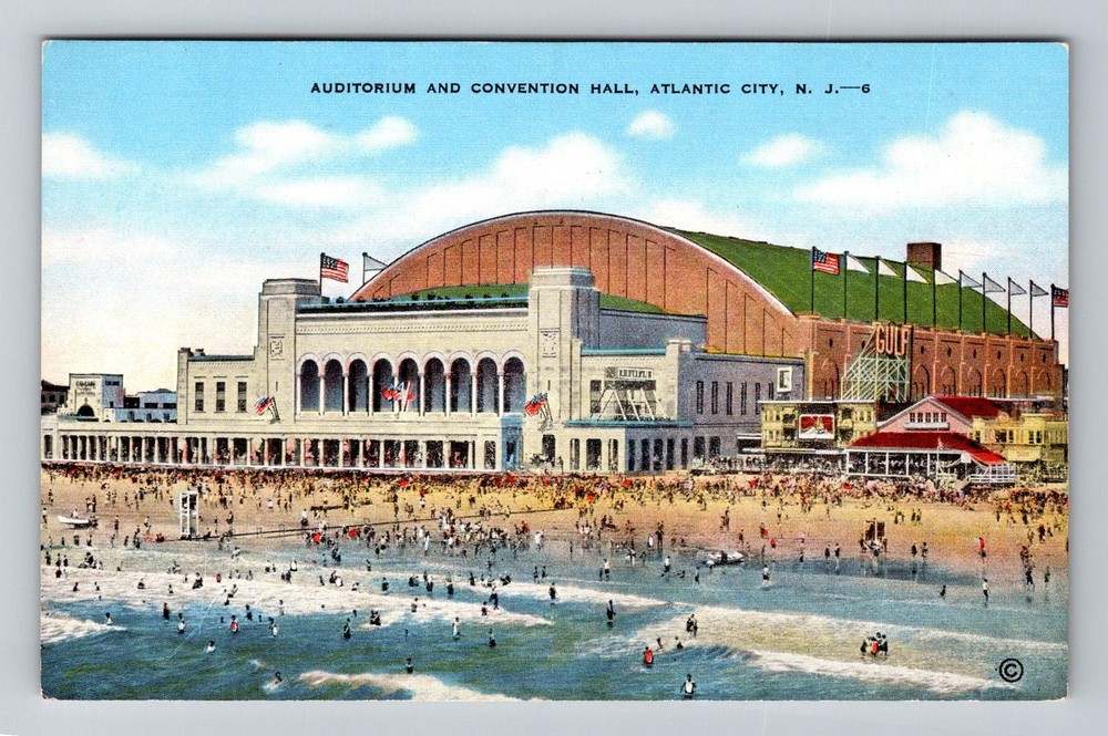 Atlantic City, NJ-New Jersey, Convention Hall Boardwalk Crowds Vintage Postcard