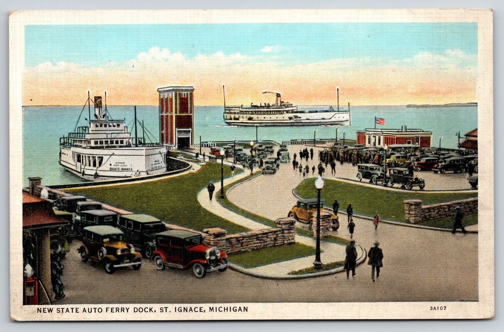 St Ignace Michigan~State Auto Ferry Dock~Cars~Ships~Lamp~Flag~Linen 1940s PC