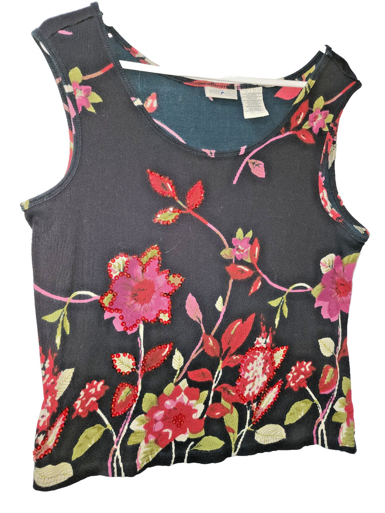 White Stag Women's size 16-18 Black sleeveless tank top floral, beaded sequins