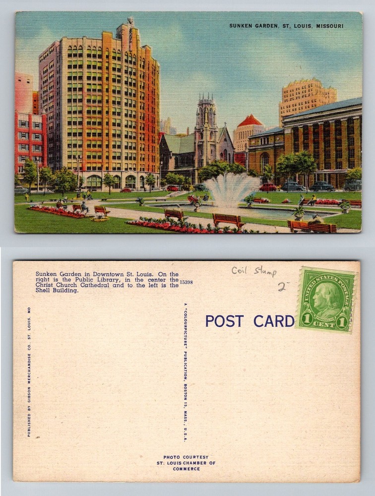 St. Louis, MO-Missouri, Sunken Garden Library Cathedral Skyline Vintage Postcard
