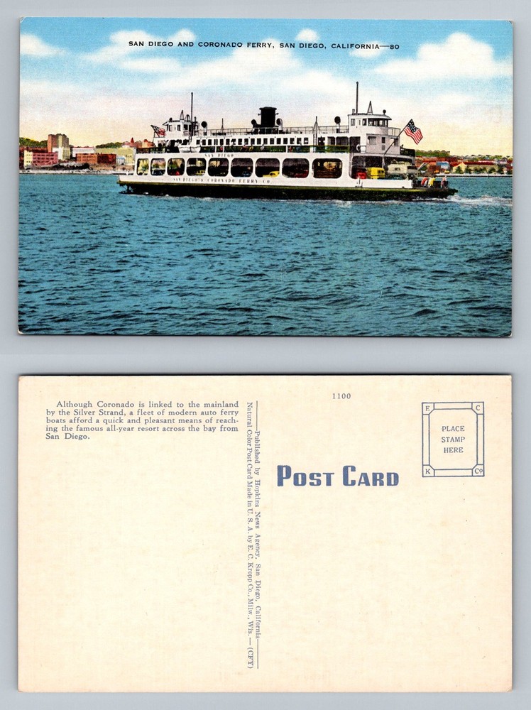 San Diego, CA-California, Coronado Auto Ferry Boat Bay View Vintage Postcard