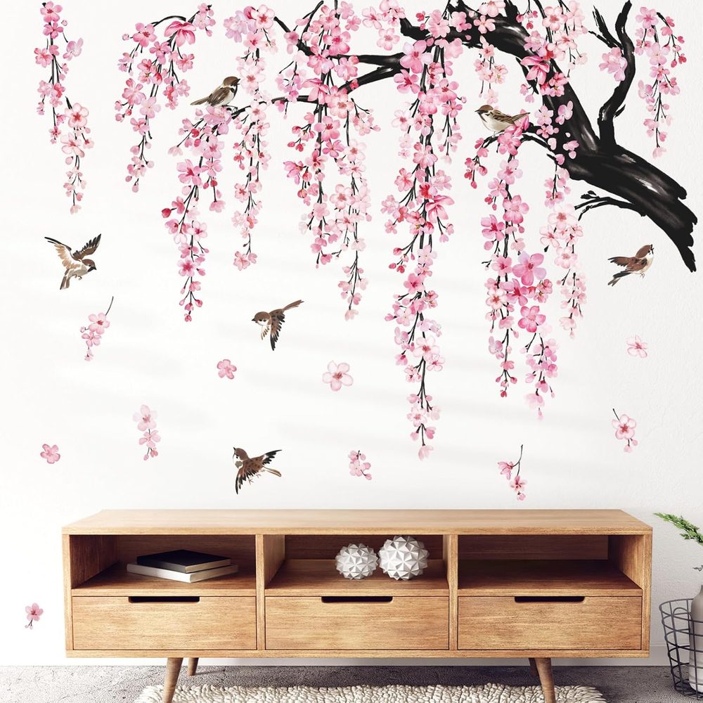 Large Flower Tree Branch Wall Stickers Pink Cherry Blossom Floral Birds Wall Art