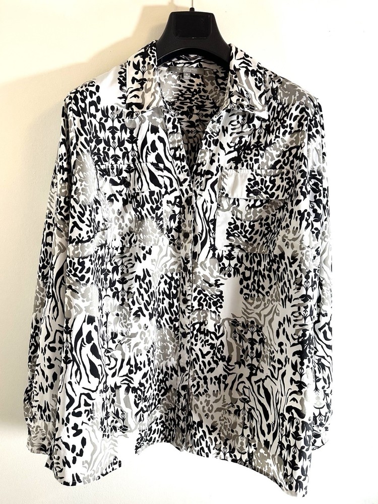 NY Collection Women Top Blouse Shirt Size 1X  Animal Print Button Up Collar
