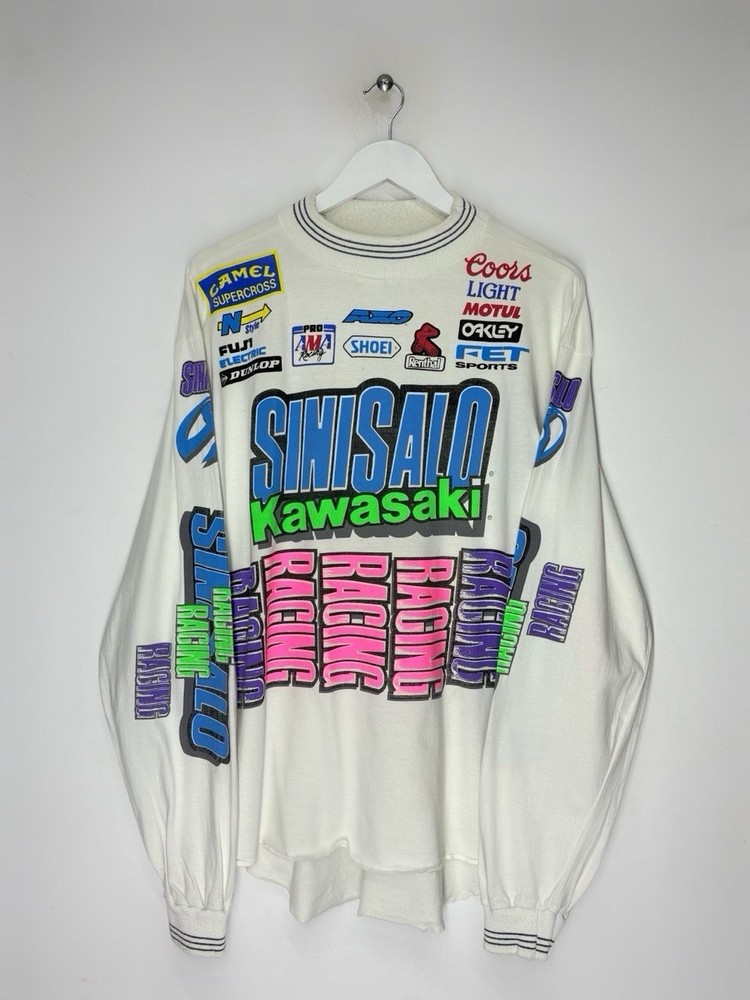 Vintage Sinisalo Kawasaki Racing Motocross Long Sleeve Shirt Graphic Print Sz XL