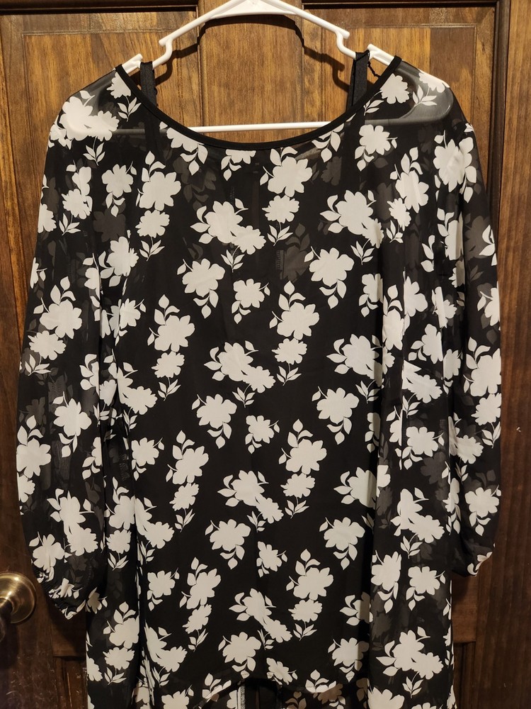 Alyx Sheer 3/4 Sleeve Blouse with Attached Cami Black White Floral 2X