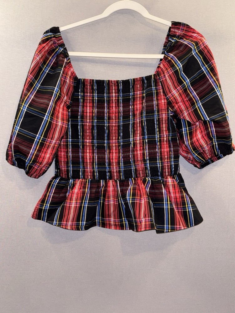 Draper James RSVP Smocked Plaid Top Medium Party Cocktail Work Preppy Cute