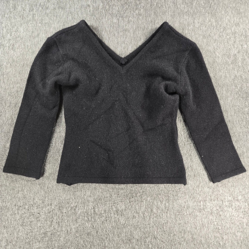 Vintage iDoll V-Neck Sweater Women M Black Angora Rabbit Hair Lambswool Y2K