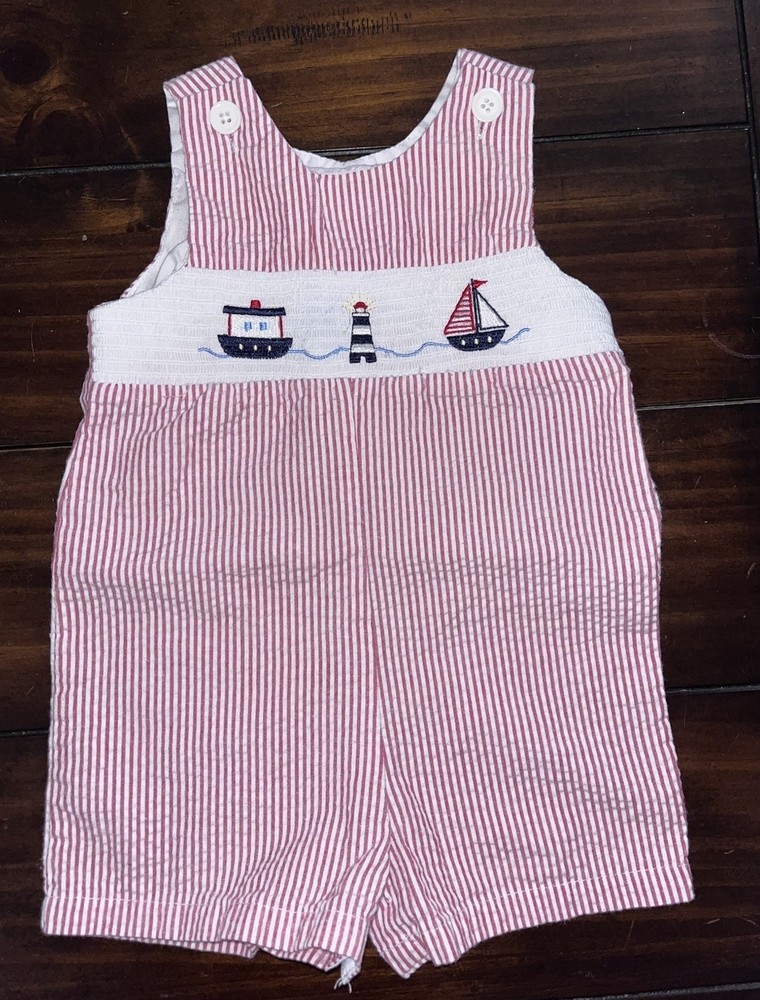 Sailboat Smocked One Piece Romper Boy 12 Months Embroidered Nautical