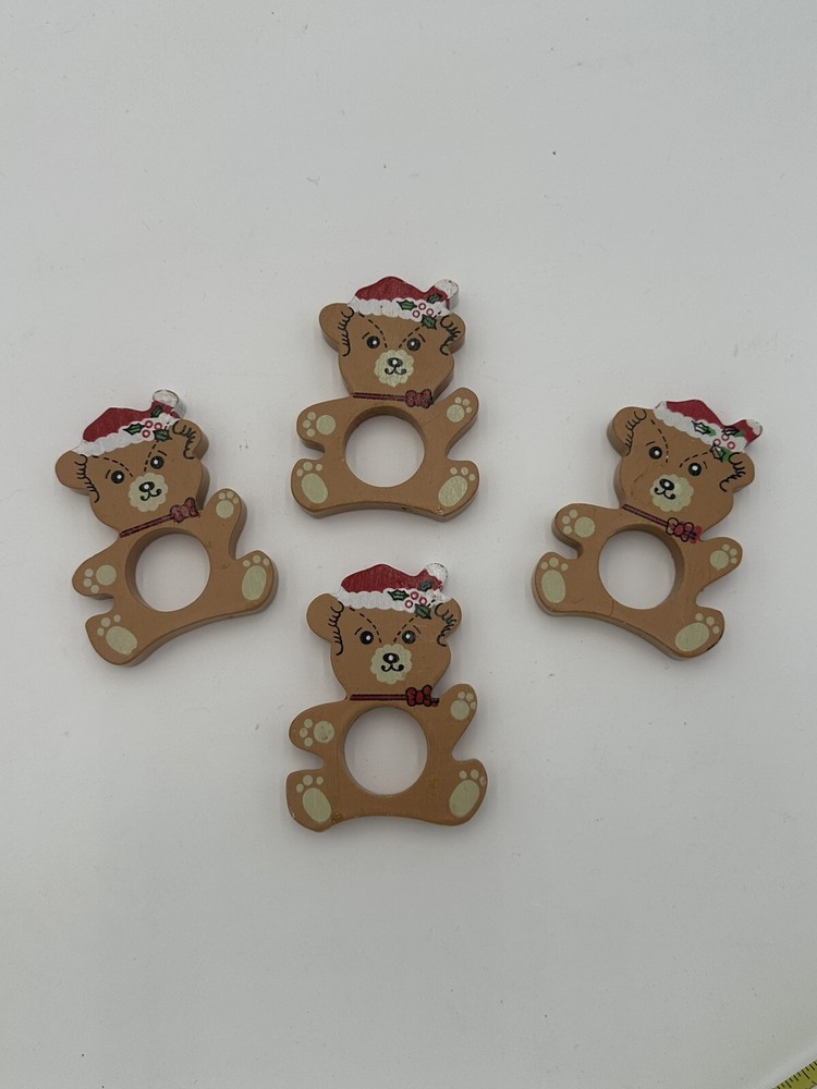 4 Vintage Christmas Bear Wooden Napkin Rings