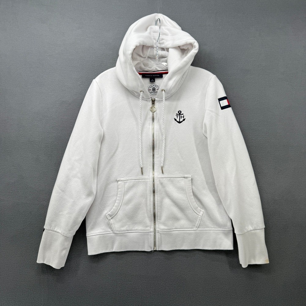 Tommy Hilfiger Hoodie Sweatshirt Womens Medium White Anchor Logo Full Zip