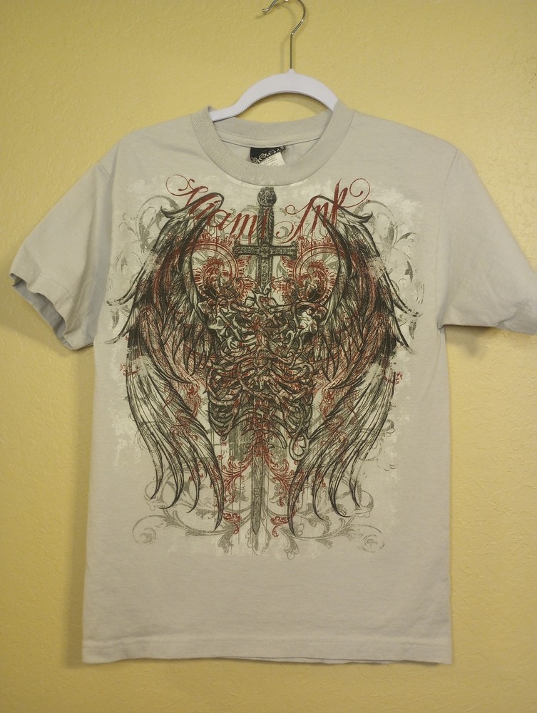 Vintage Miami Ink Adult's Size S Angel Wing Skeleton Y2K Sword Gray T-Shirt