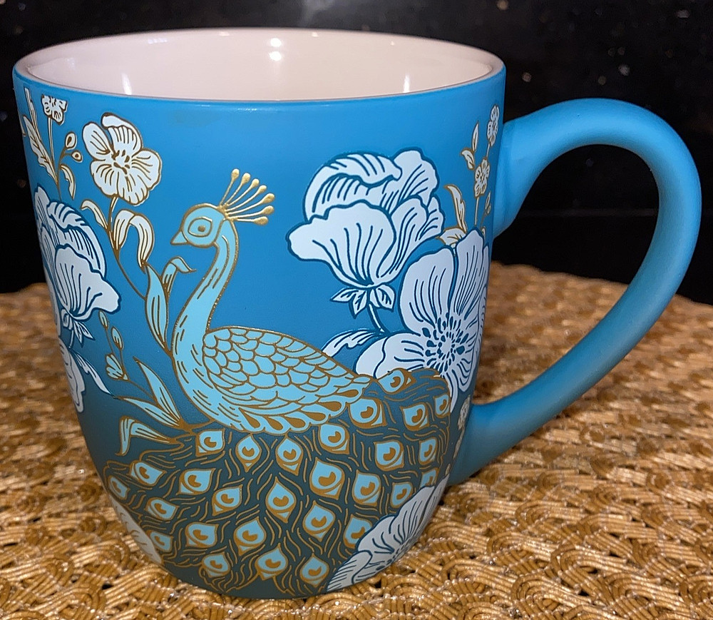 Dwell Studio Soft Touch 18oz. Mug Teal Ombré Peacocks & Metallic Gold Highlights