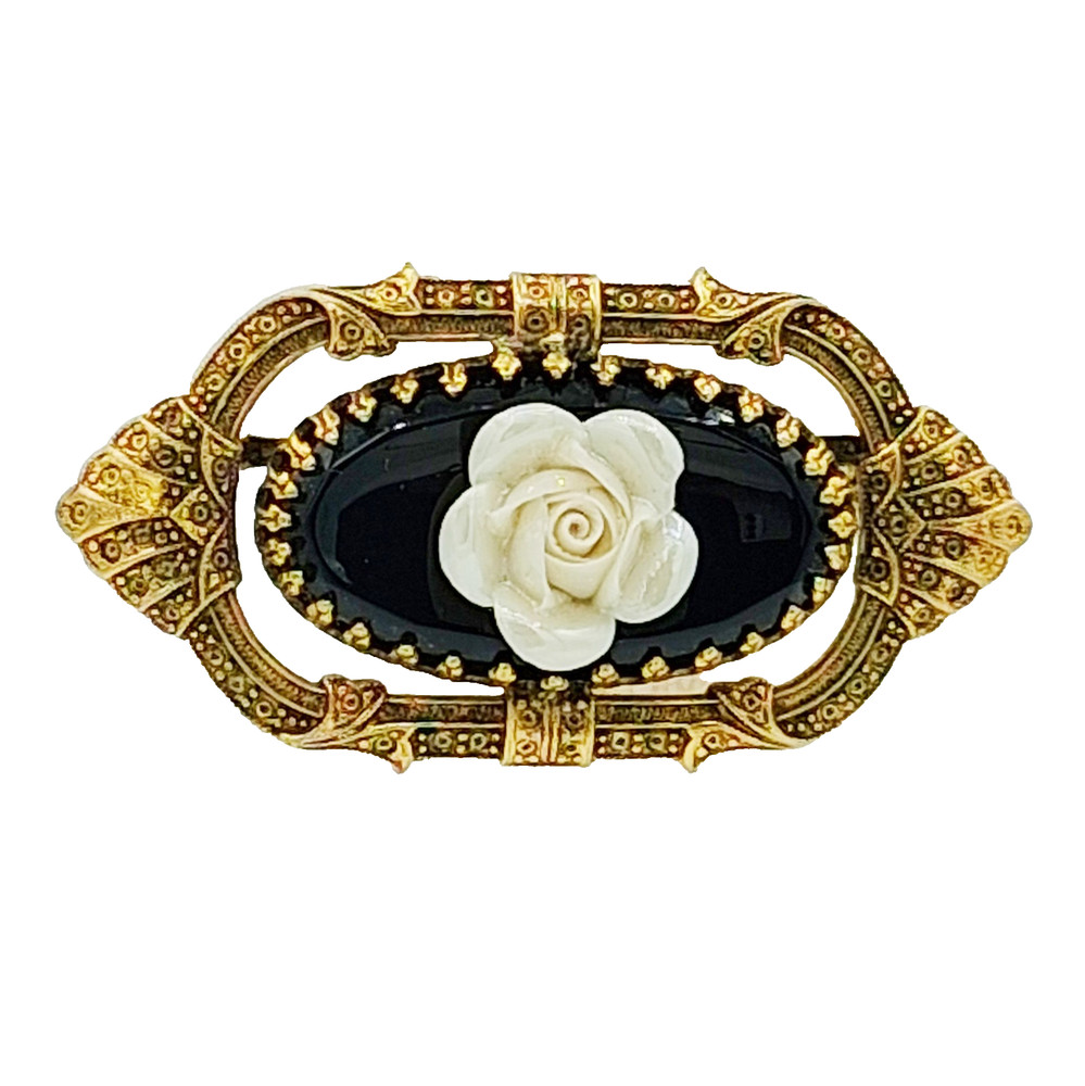 Vtg Freirich Gold Tone Rose Pin Black Oval Victorian Revival Brooch 2