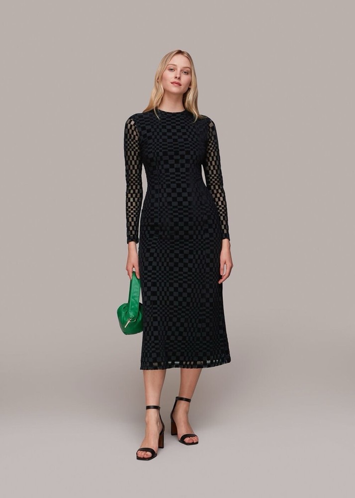Whistles Velvet Black Illusion Checked Mesh Midi Dress Size 10 RRP £139