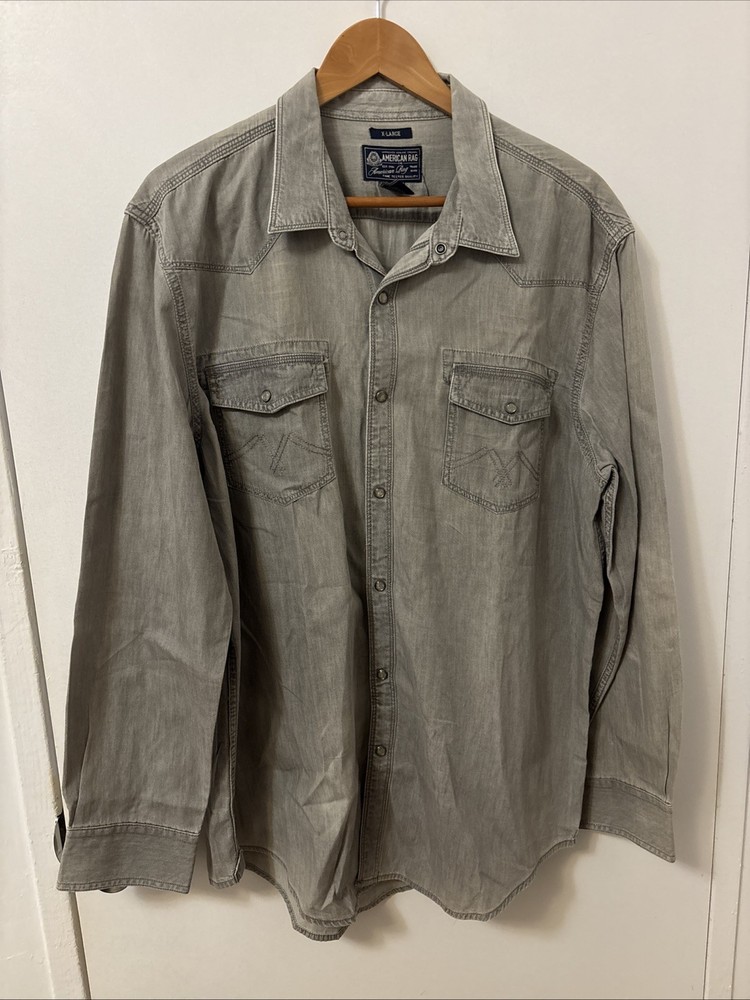 American Rag Men's XL Long Sleeve Button Up Gray Shirt 100% Cotton