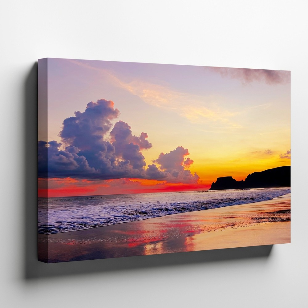 Sunset Beach Canvas Wall Art Ocean Waves Coastal Seashore Cloudscape Print Decor