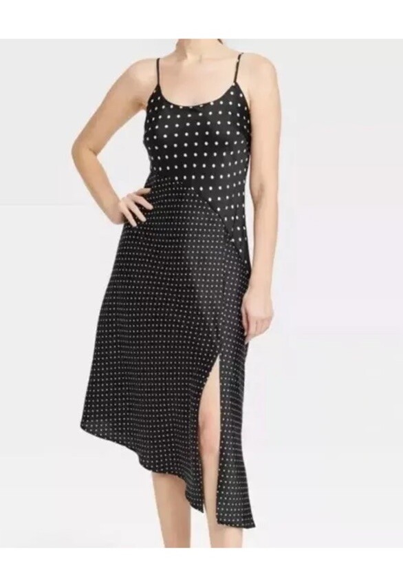A New Day Black Polka Dot Asymmetrical Midi Slip Dress - Womens XSMALL - NEW