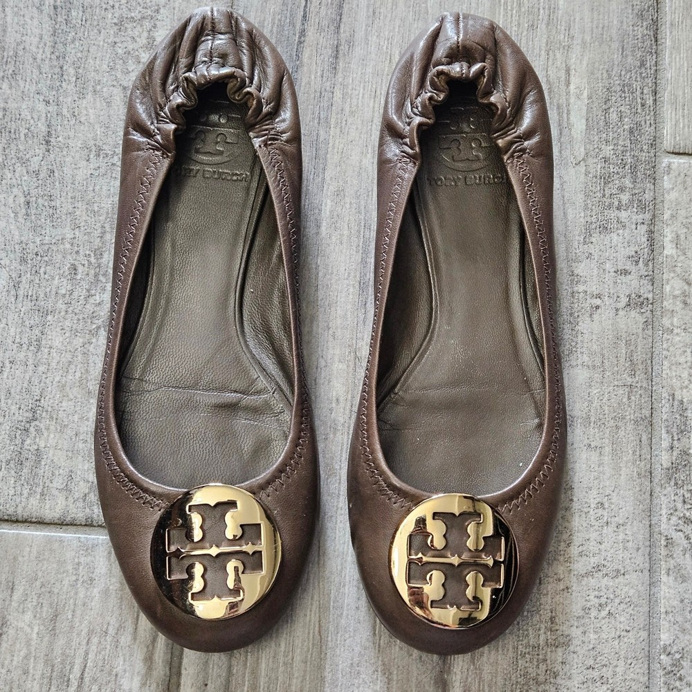 Tory Burch Reva Flats Womens 7.5 Brown Leather Ballet Shoes Classic Logo Chic