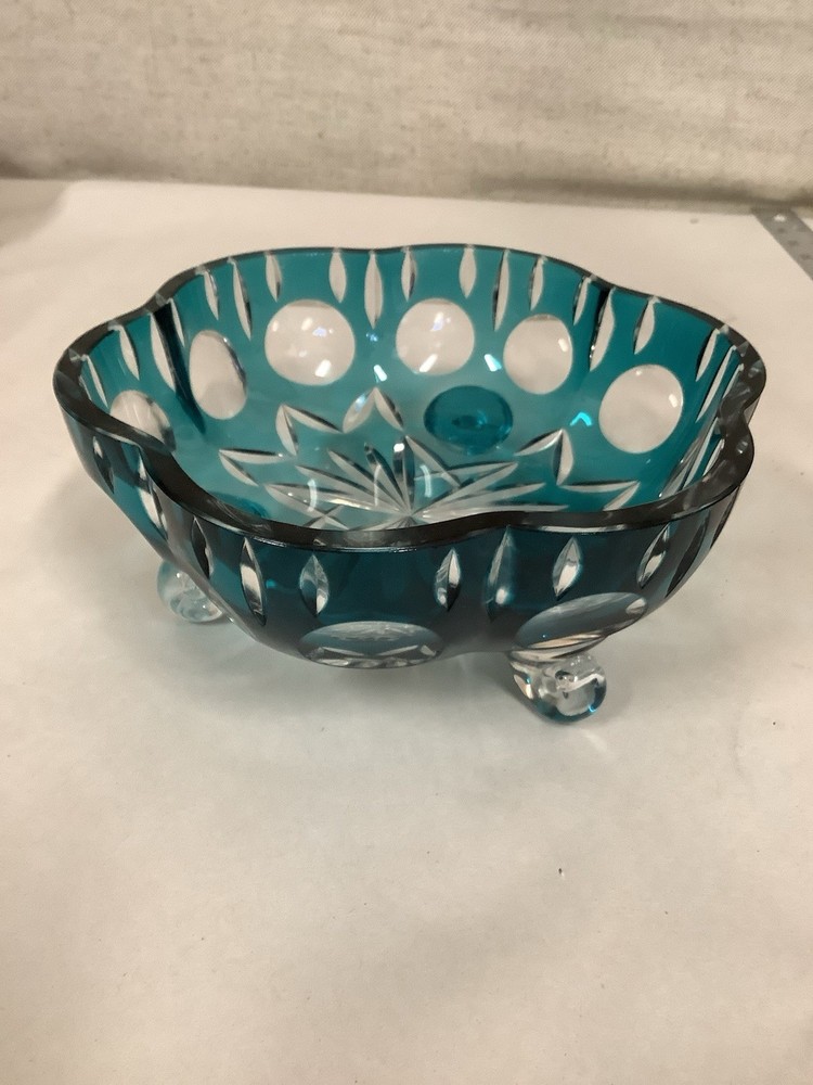 Bohemian Clear to Blue Crystal Footed Bowl 3x8 Inch Candy Dish Unmarked