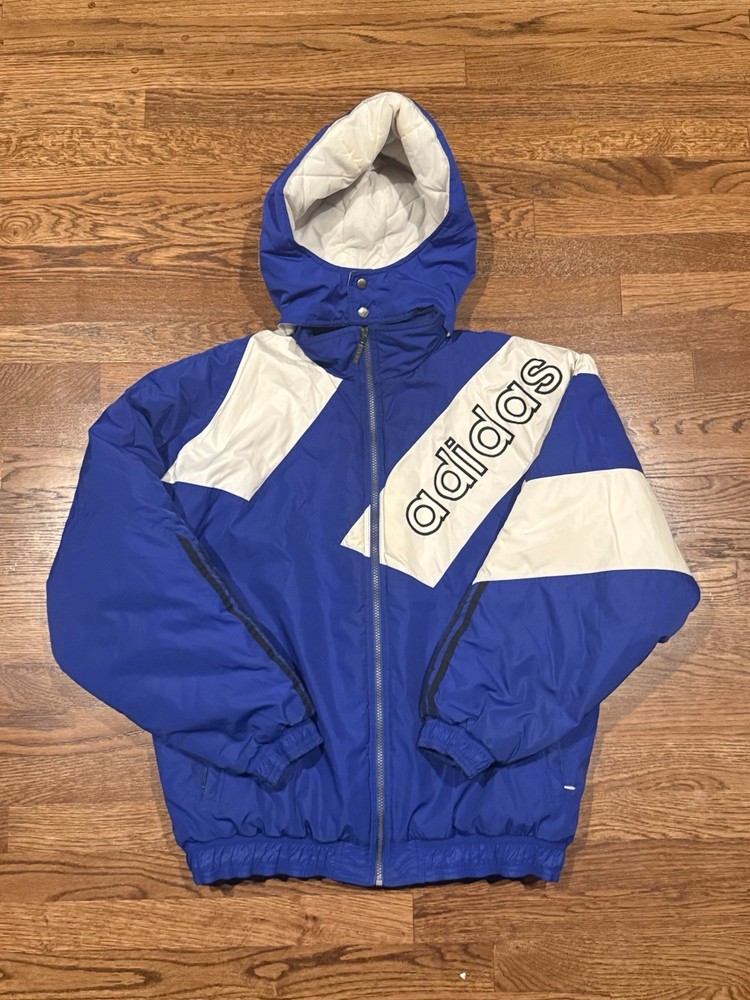 Vintage 90s adidas Blue & White Hooded Puffer Jacket – Spellout Logo – Size M