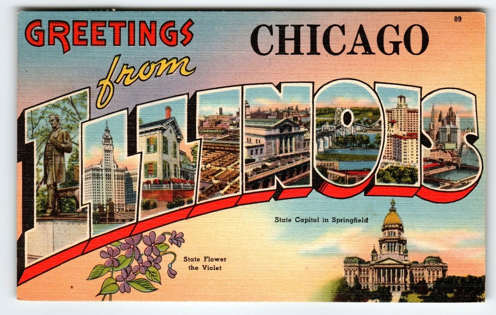 Greetings From Chicago Illinois 1940's Postcard Large Big Letter Linen Vintage
