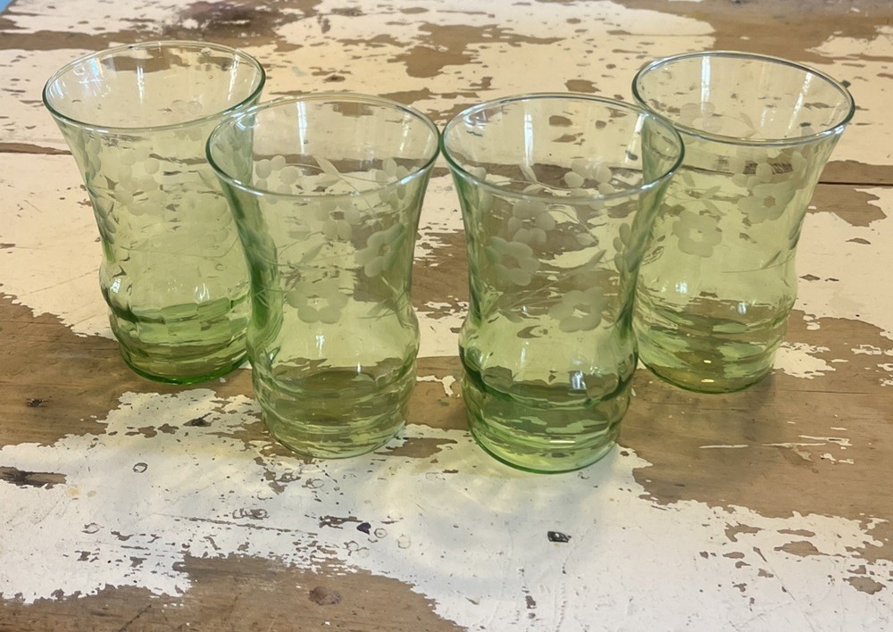 4 Vintage Uranium Glass Etched Floral Juice Glasses 4.5” Tall 3” Diameter 8 oz