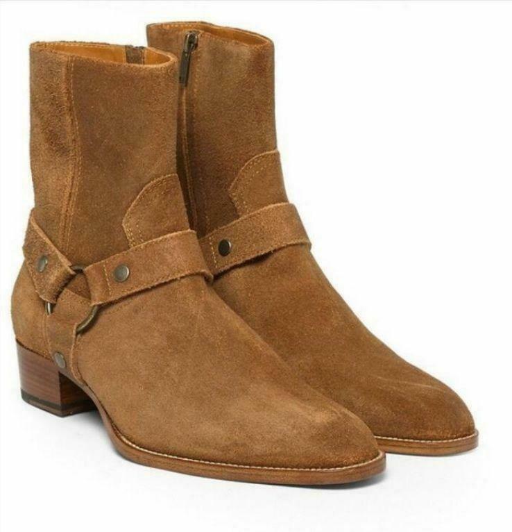 Mens Round Toe Genuine Leather Suede Buckle Ankle Knight Boots Chelsea Shoes New