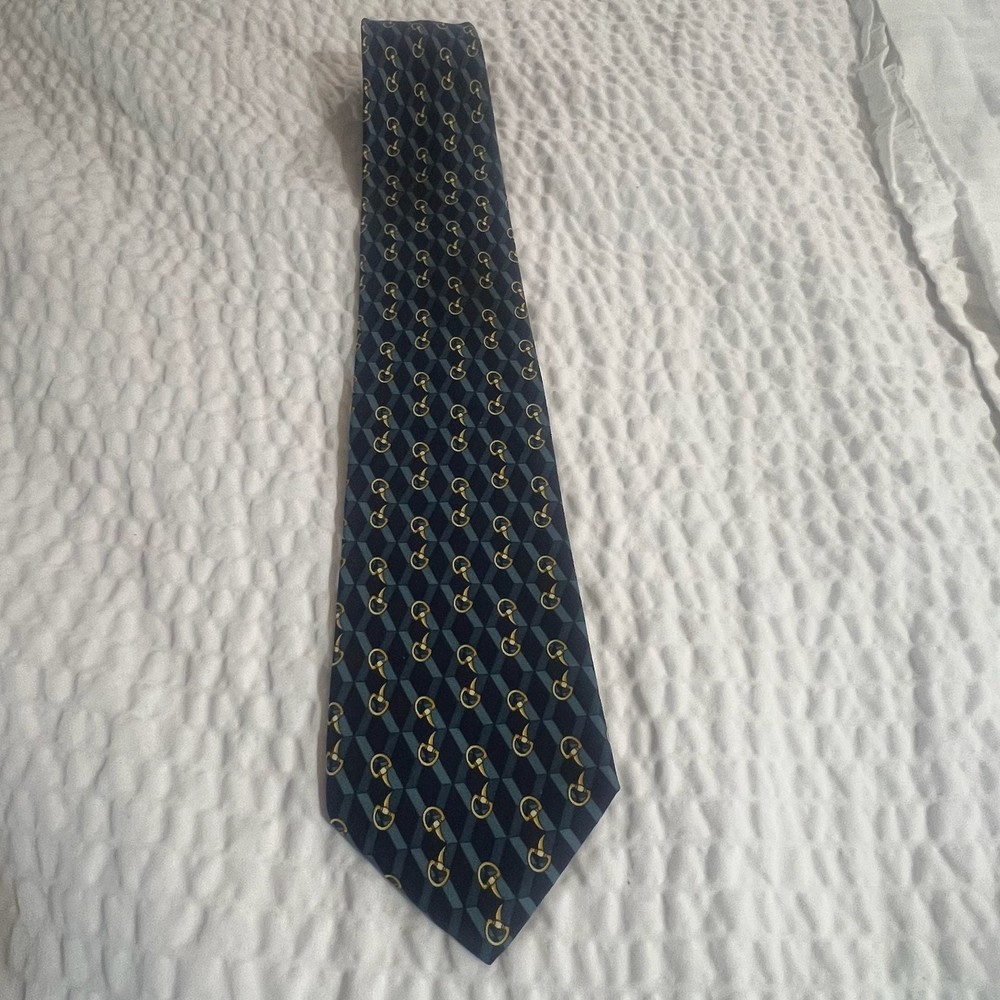 MORGANO UOMO /Vintage Italian Equestrian Silk Tie w/Golden Snaffle Bits on Navy
