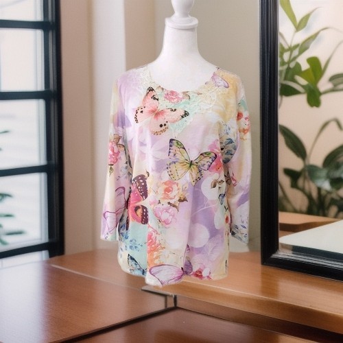 Women's Blouse Top Lace Neck Line Butterfly Pastel Colors 2/3 Sleeves SzM By...