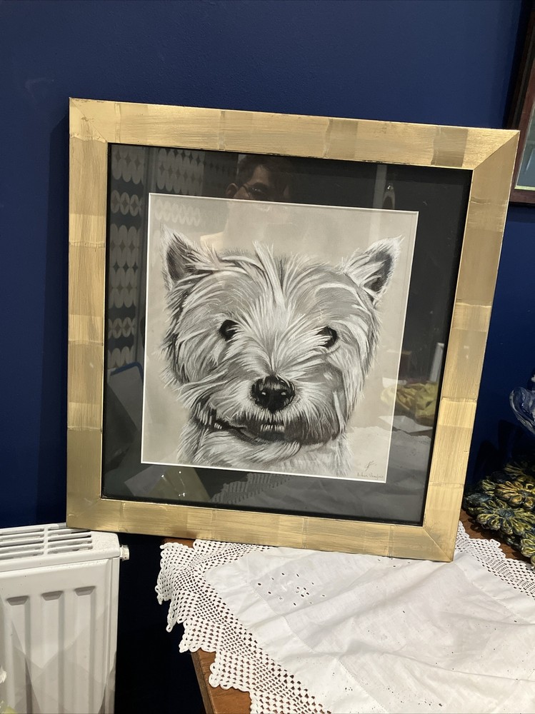 Quality Artist Pencil Drawing Of West Island White Dog Signed Rustic Gold Frame