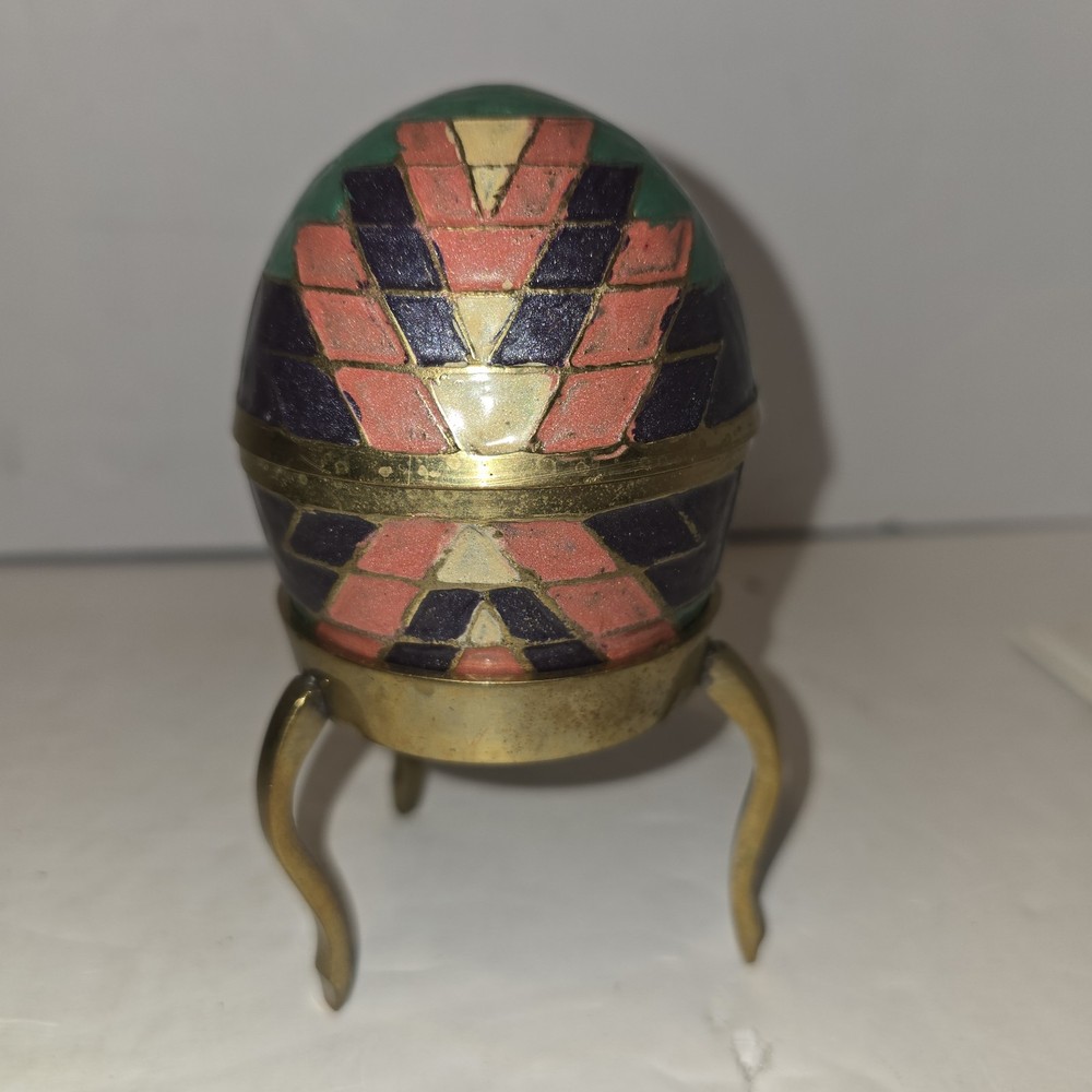 Vintage Enameled Cloisonne Brass Egg on Stand Trinket Box Made in India