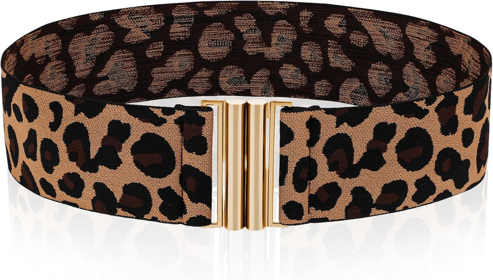 Women’s Stretch Waist Belt Skinny Elastic Leopard Print Retro Dress Buckle