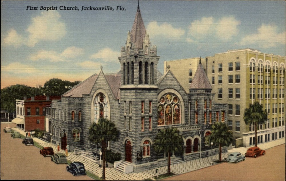 First Baptist Church Jacksonville Florida vintage cars ~ 1940s linen postcard