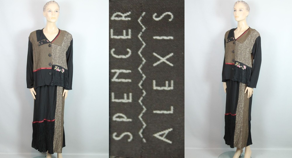 Vtg SPENCER ALEXIS USA Artsy 2pc Dress Set Button-Down Top Jacket Long Skirt 10
