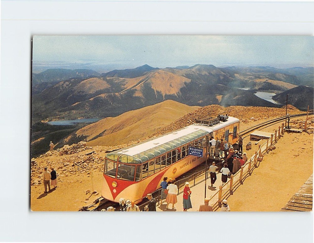 Postcard Cog Train at Summit of Pikes Peak Colorado USA