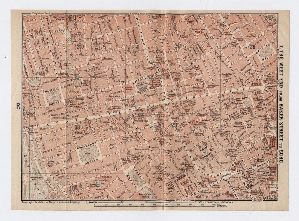 1889 Antique Map Of London The West End From Baker Street To Soho / England