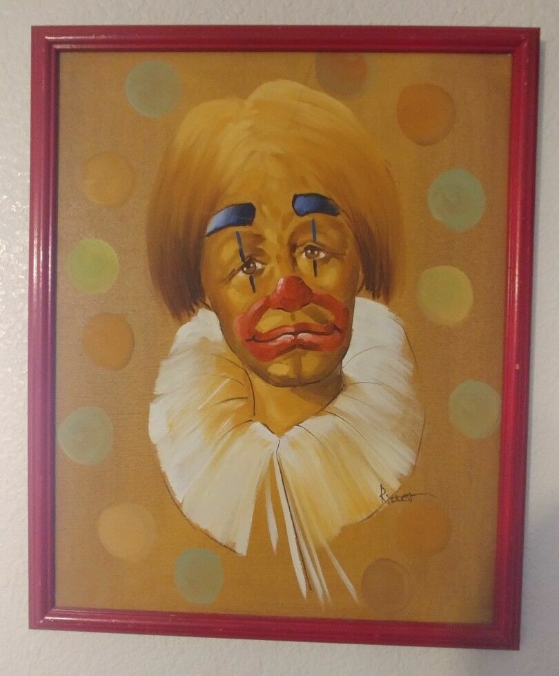 Vintage Clown Painting Signed Ritter Framed Canvas Original Painting 16x20