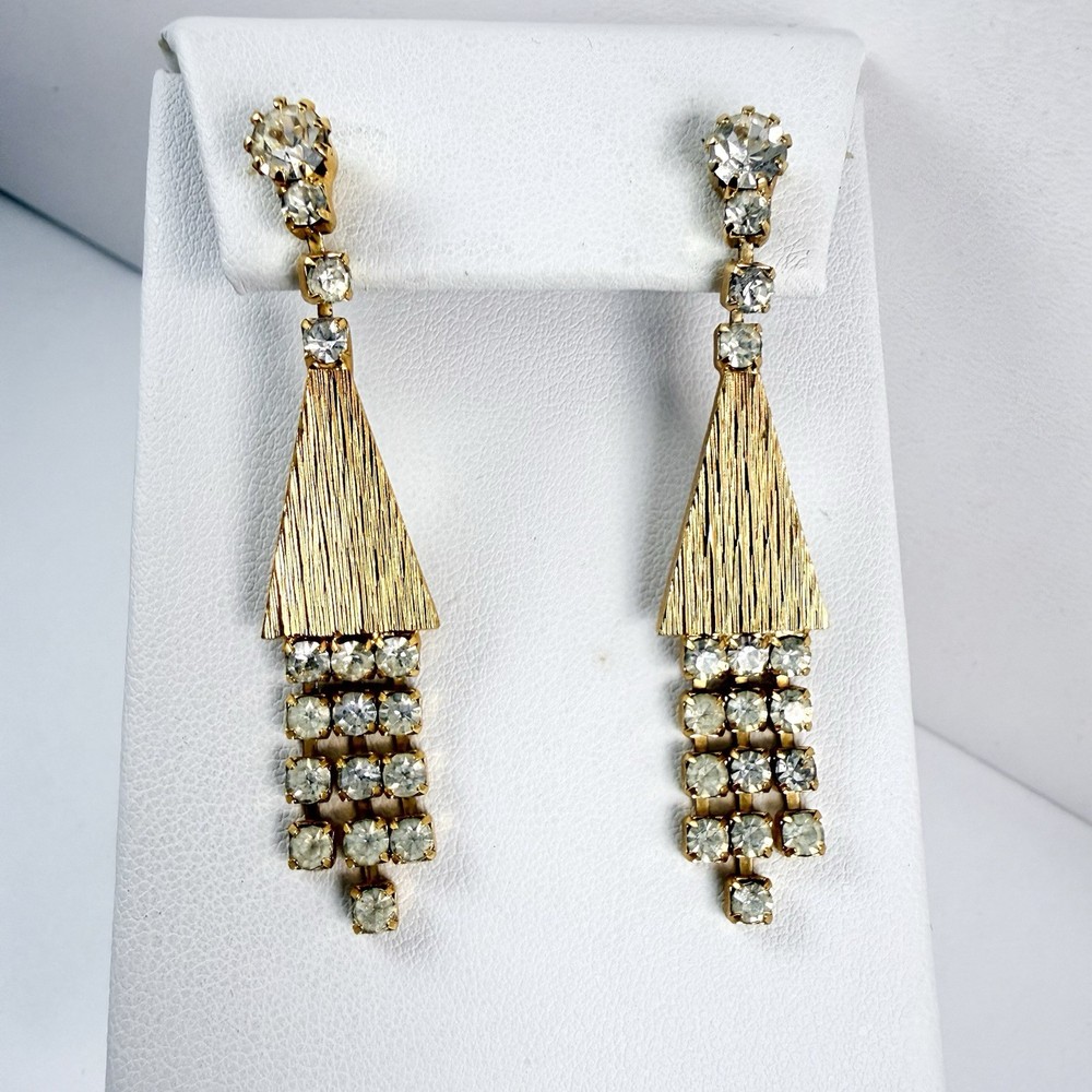 Vintage Long Rhinestone Dangle Fringe Gold Tone Post Pierced Earrings